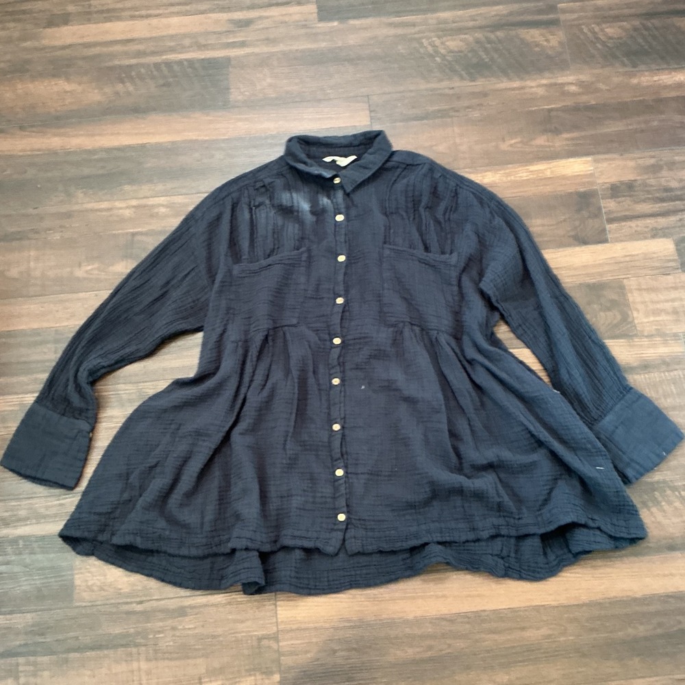 Free People Boho Gauze Button Down Tunic Navy Blue Peplum Oversized Large L Top